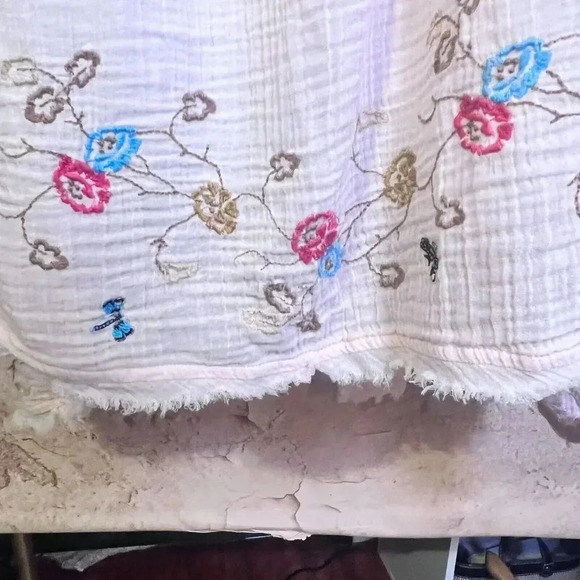 Anthropologie Womens Pink Embroidered Gauze Square Neck Tunic Dress Sz XS Bees - Picture 9 of 13